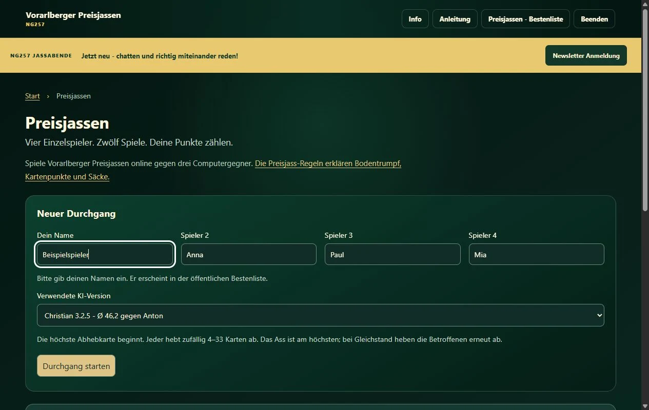 Preisjass-Startseite mit Beispielspieler, drei Gegnernamen und Auswahl der KI-Version