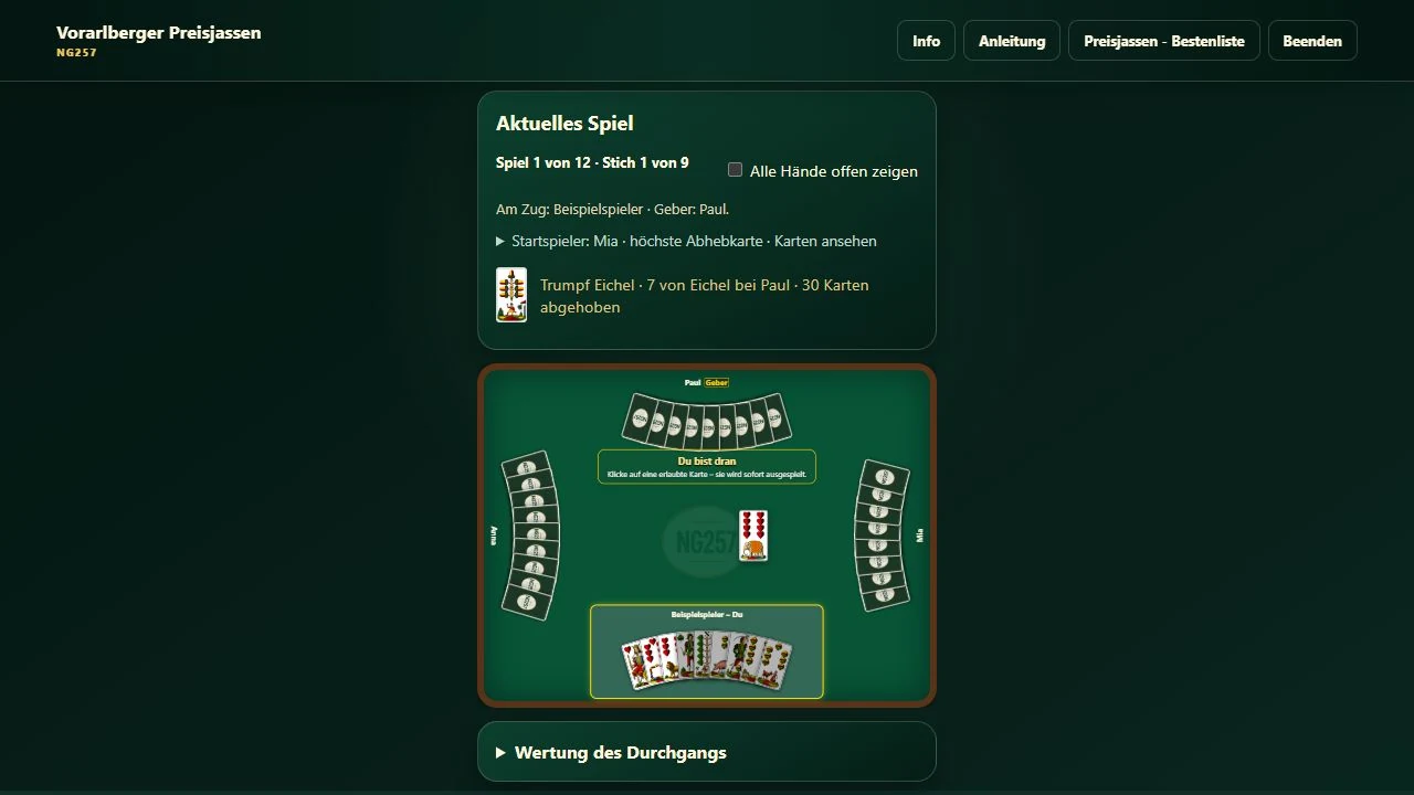Preisjass-Spieltisch mit Beispielspieler unten und drei Computergegnern